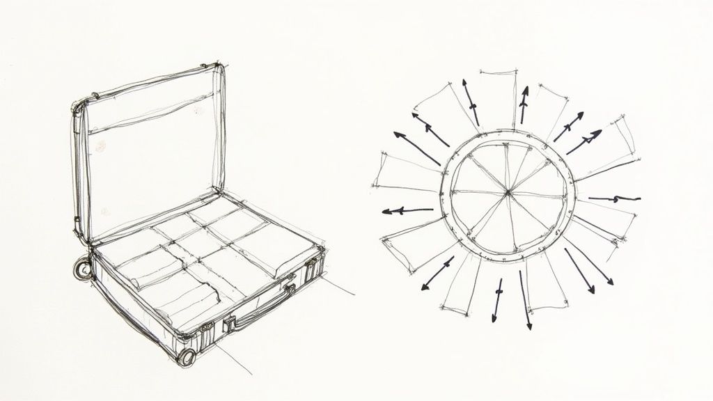 A neatly packed suitcase with rolled dresses in packing cubes.