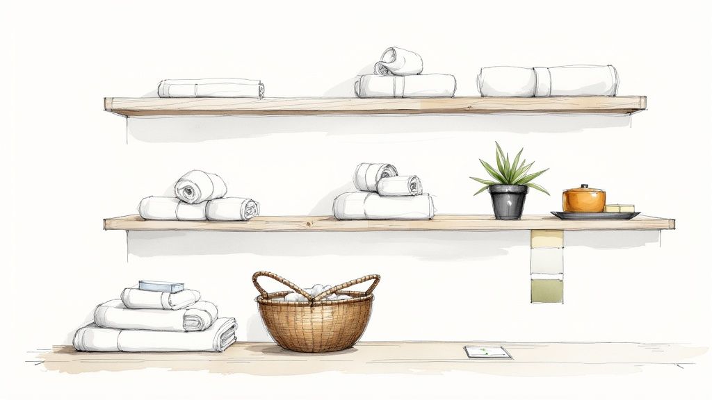 A stylish bathroom featuring a stack of neatly folded oversized bath towels on a wooden stool, adding a touch of luxury and texture to the decor.