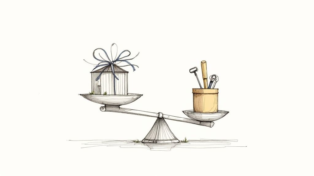 A beautifully wrapped gift box with a ribbon, set against a soft, celebratory background.