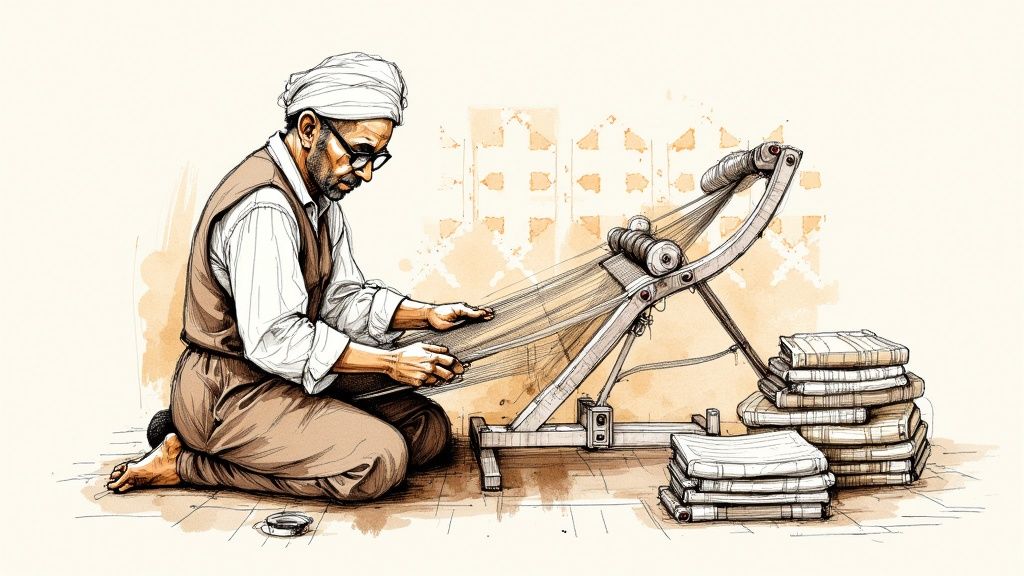 Artisanal Turkish towels being woven on a traditional loom.