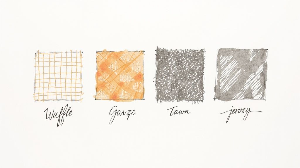 Close-up of different cotton weave textures for robes.
