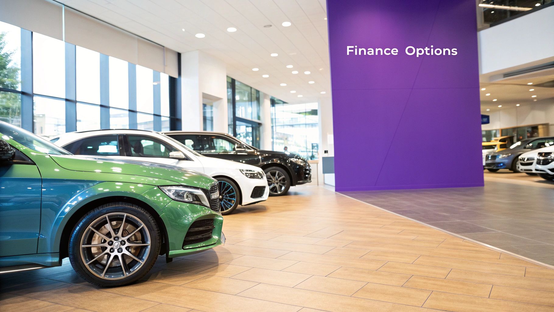 A person signing car finance documents with a car key and a small car model on the table