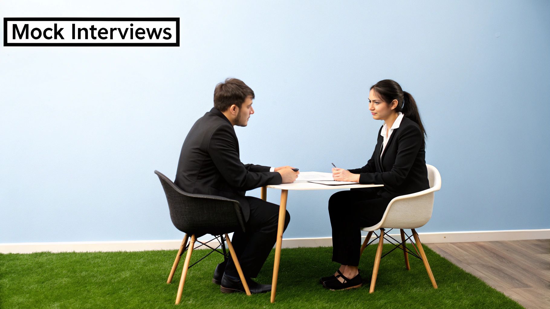 Two people in a professional setting, shaking hands across a desk, representing a successful behavioral interview.