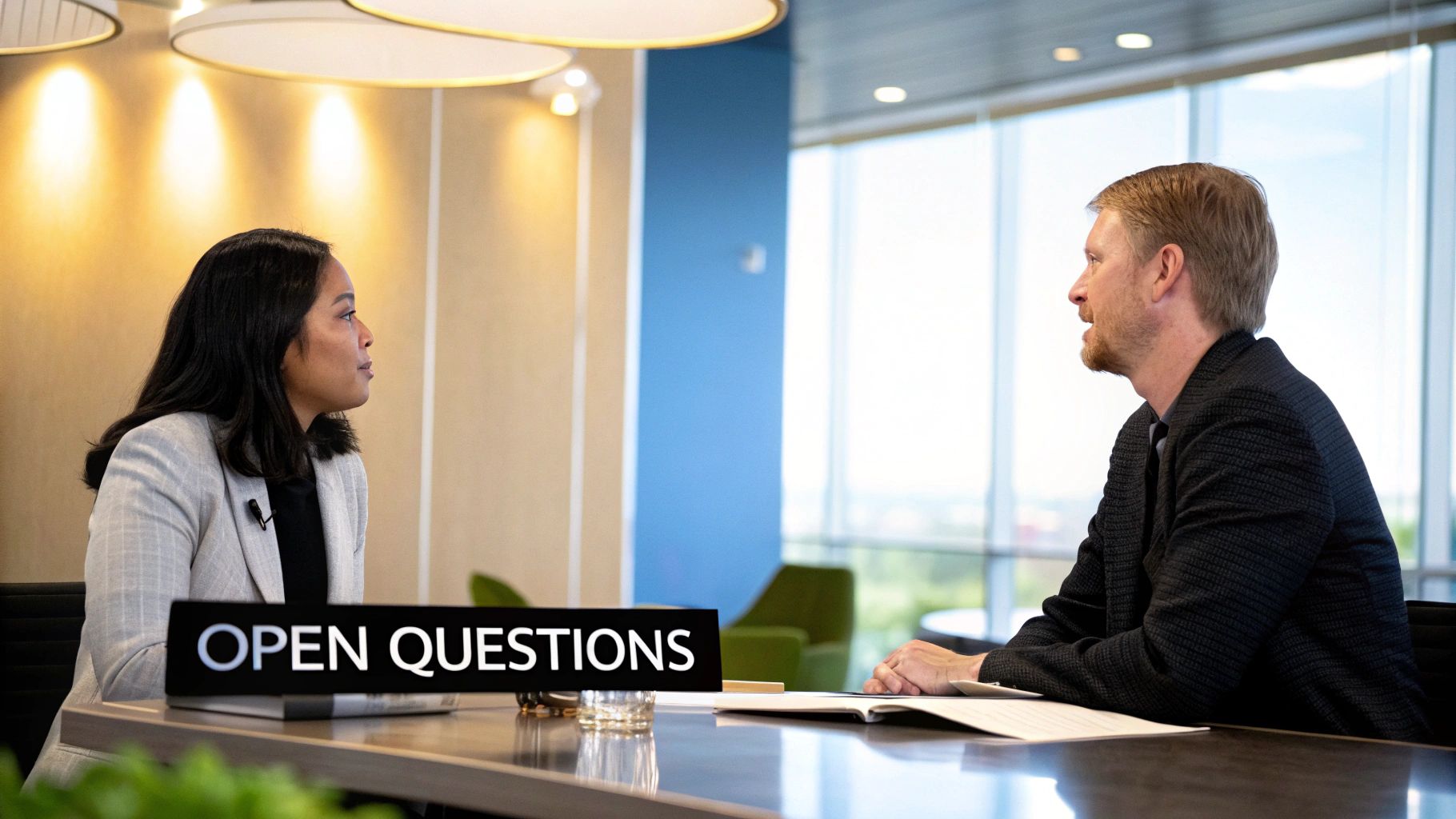 A focused interview taking place with two professionals at a table