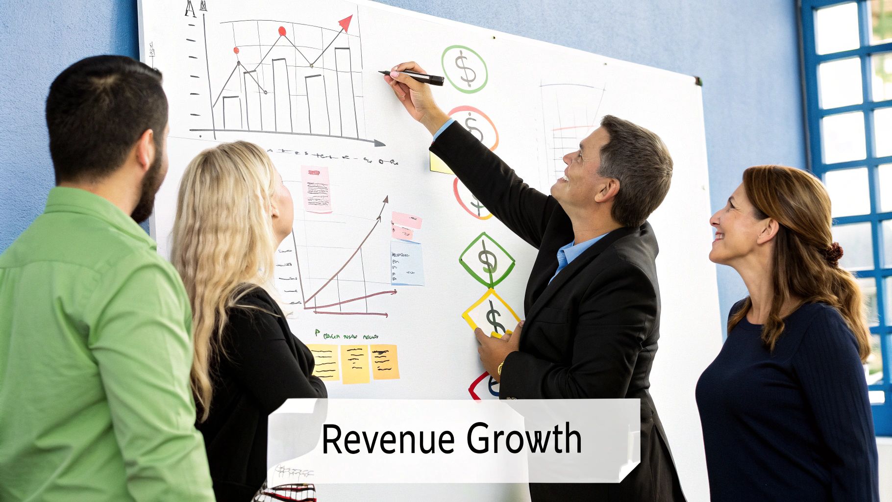 People collaborating around a table with charts and graphs, signifying strategic growth planning