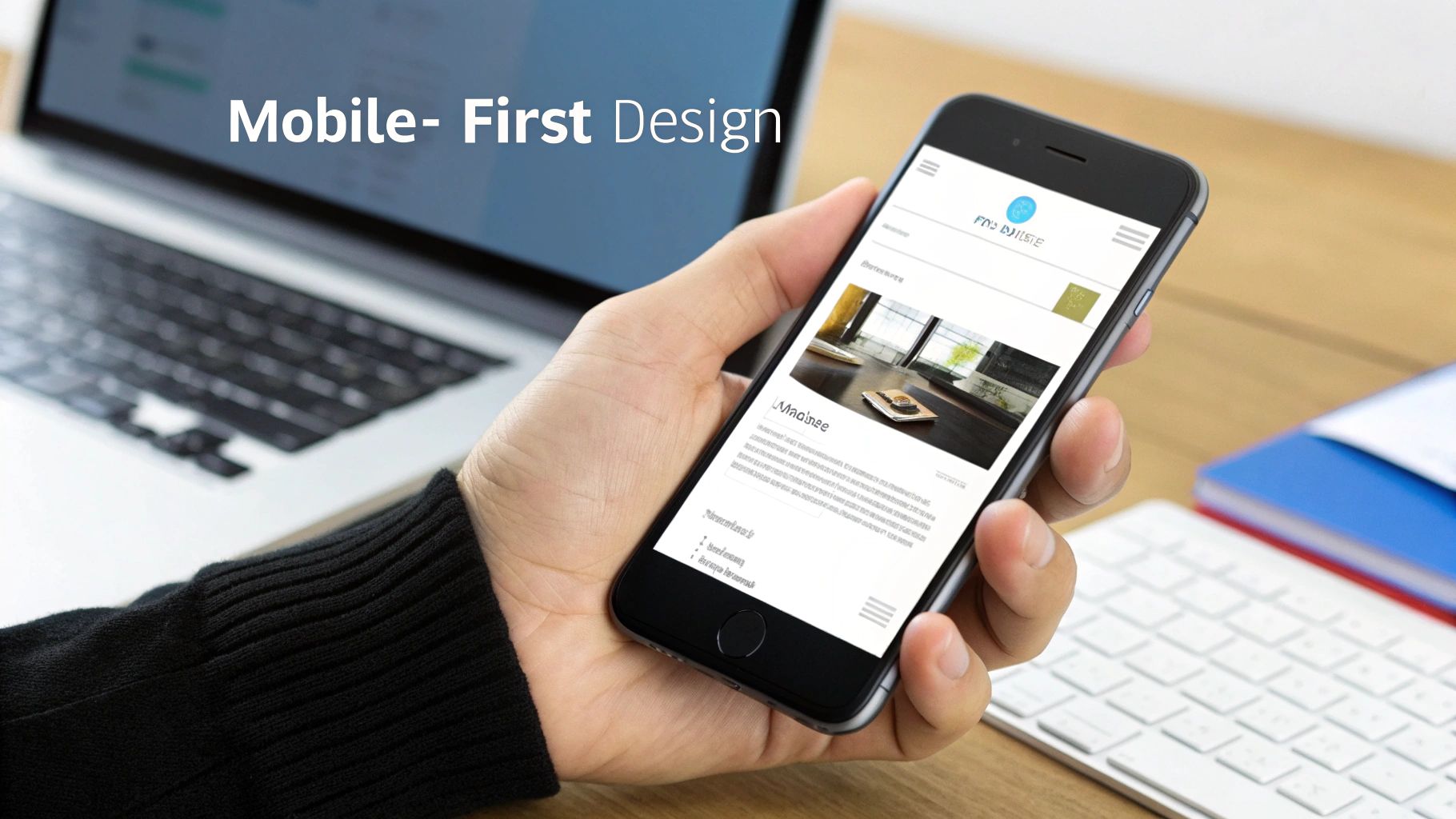 A person holds a smartphone displaying a website, illustrating mobile-first design principles on a desk.