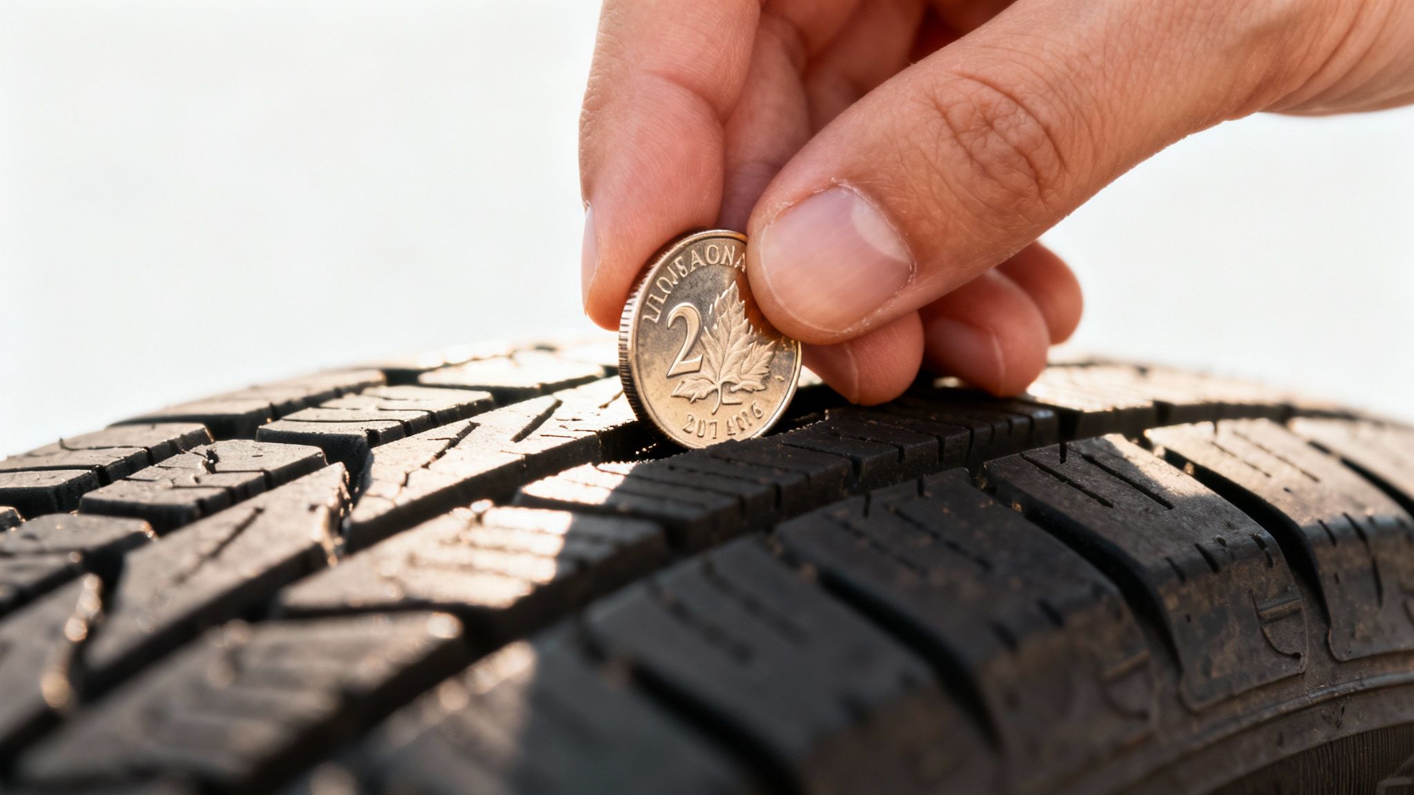A hand places a Canadian coin into the tread of a winter tire to check its depth.
