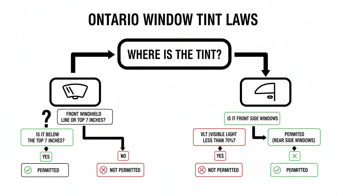 Your Guide to Understanding Window Tint Percentage 3 Flowchart detailing Ontario window tint laws for windshield, front, and rear side windows.