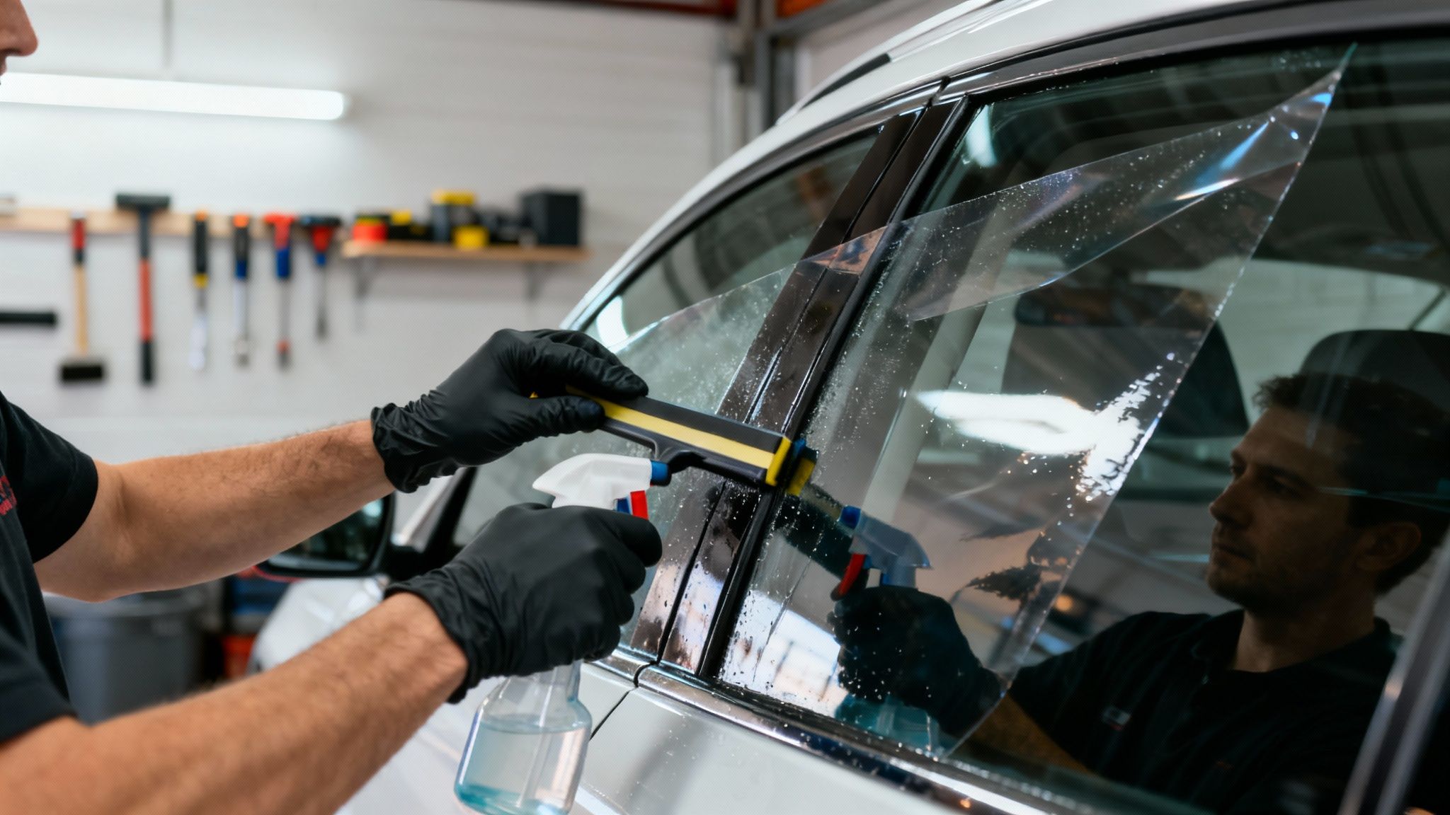 Person in black gloves applying window tint film to a car window with a squeegee.