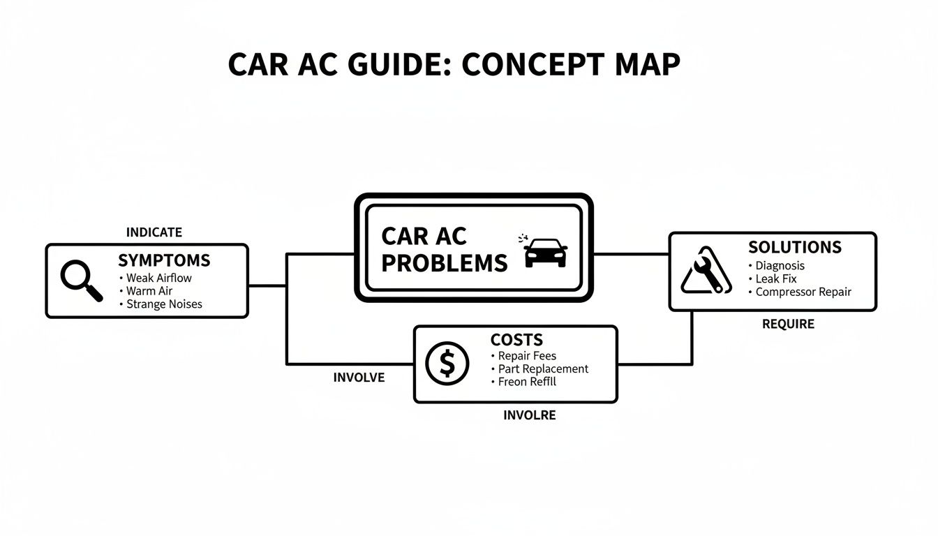 Air Conditioning Repair Car: Quick Guide to Fix Your Car A/C Now 1 A concept map showing car AC problems, their symptoms, associated costs, and potential solutions.