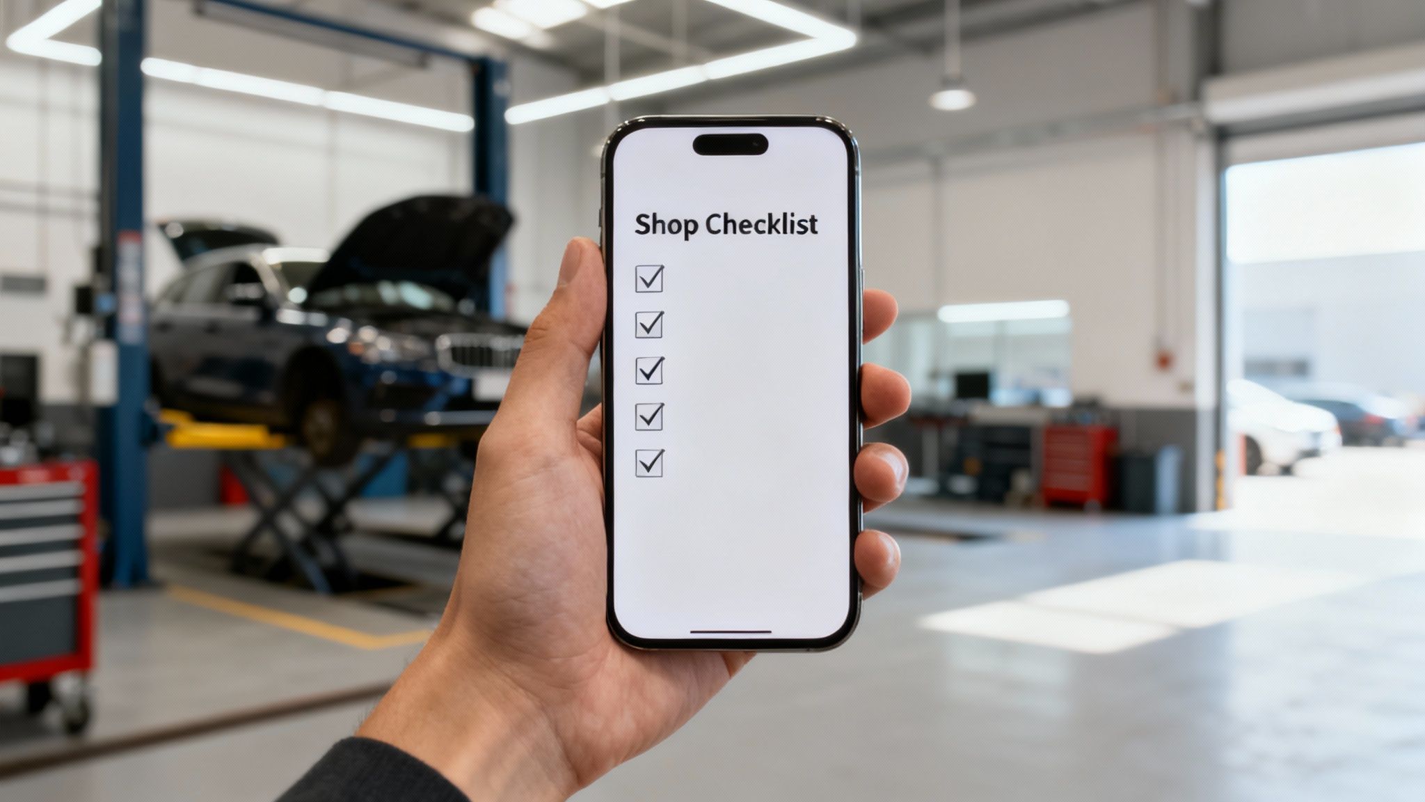 Hand holding a smartphone displaying a 'Shop Checklist' in a clean auto repair garage.