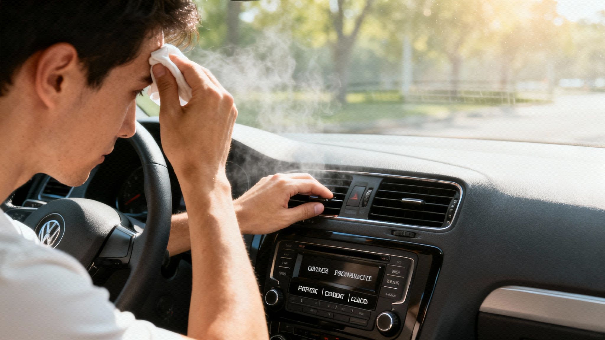 A man in a hot car wiping sweat from his forehead as mist comes from the air conditioning vent.