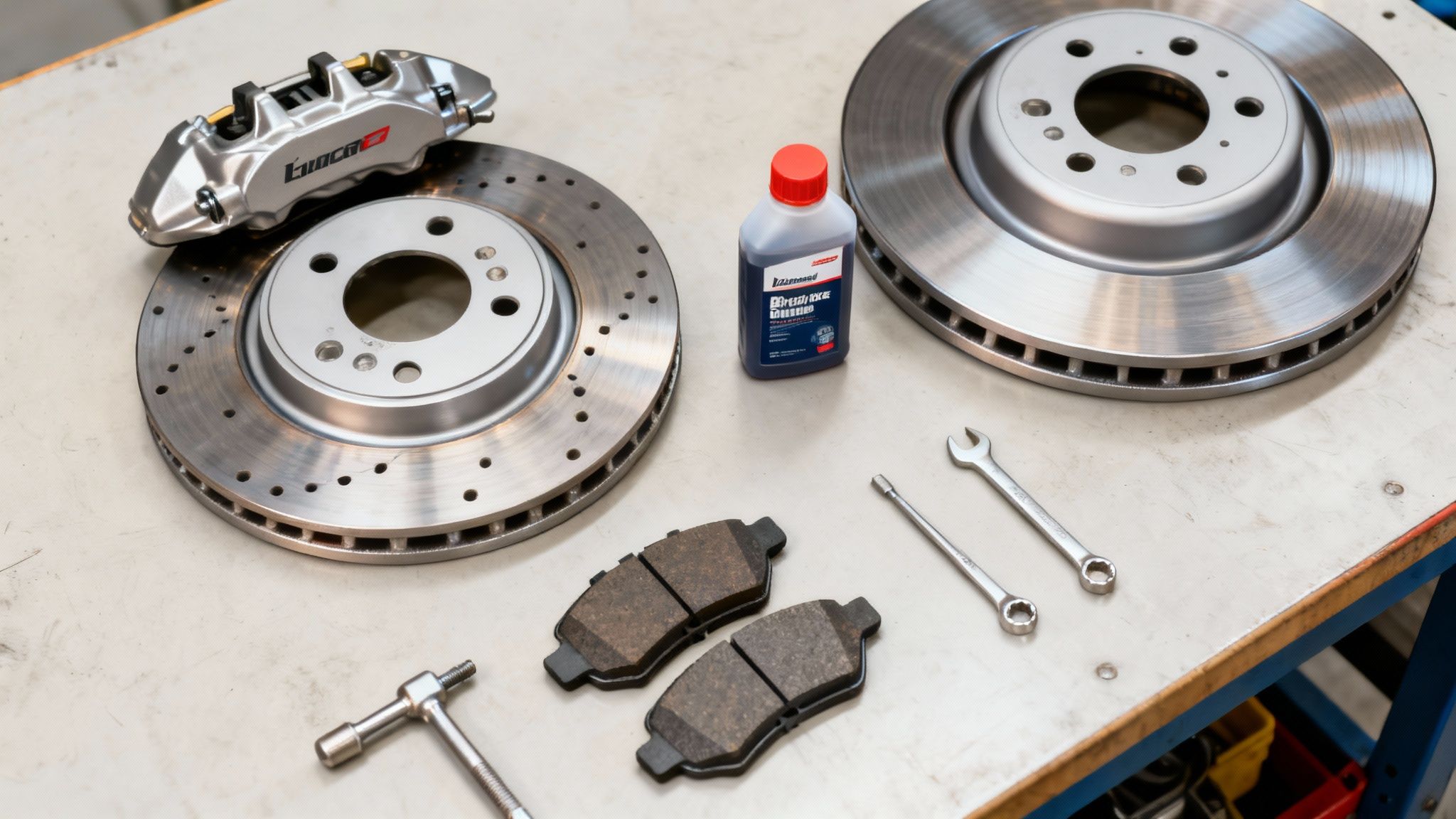 A flat lay of new car brake components: drilled and solid rotors, a caliper, brake pads, fluid, and repair tools.