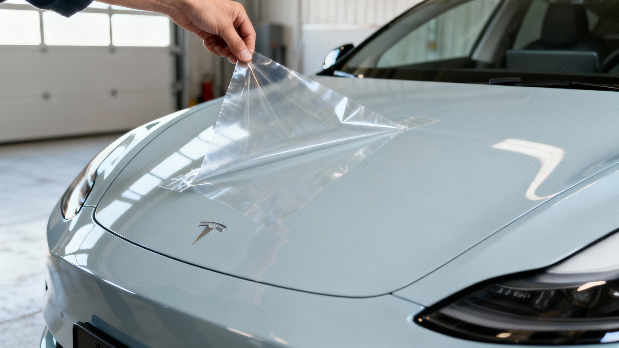 A person's hand carefully installs a clear paint protection film on a Tesla car's hood.