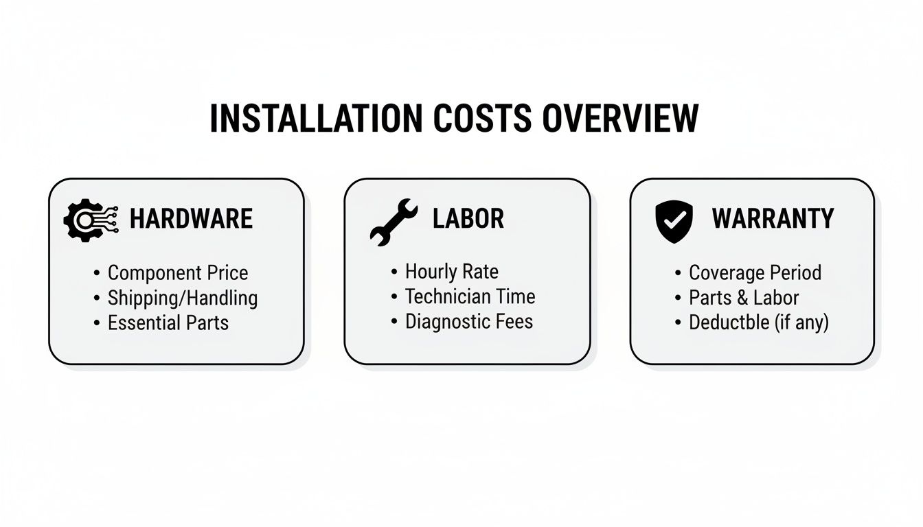 An overview of installation costs, detailing hardware, labor, and warranty components.