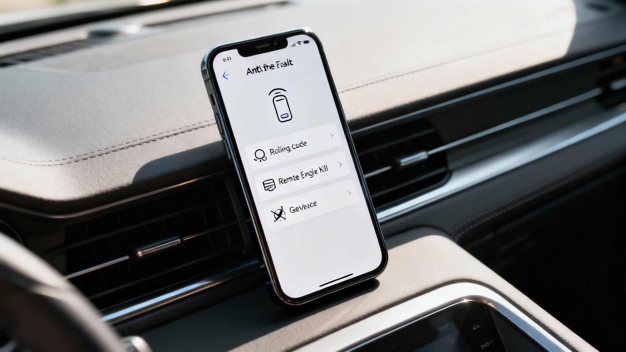 A modern car's dashboard interface showing security settings and features.