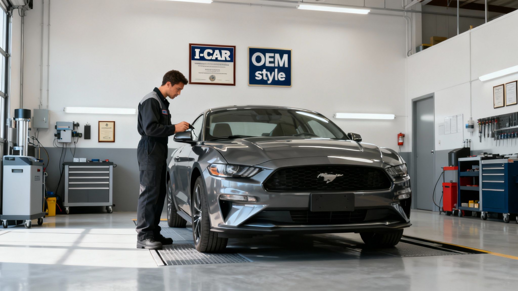 A clean, well-lit auto body shop with modern equipment and a car being prepped for painting.