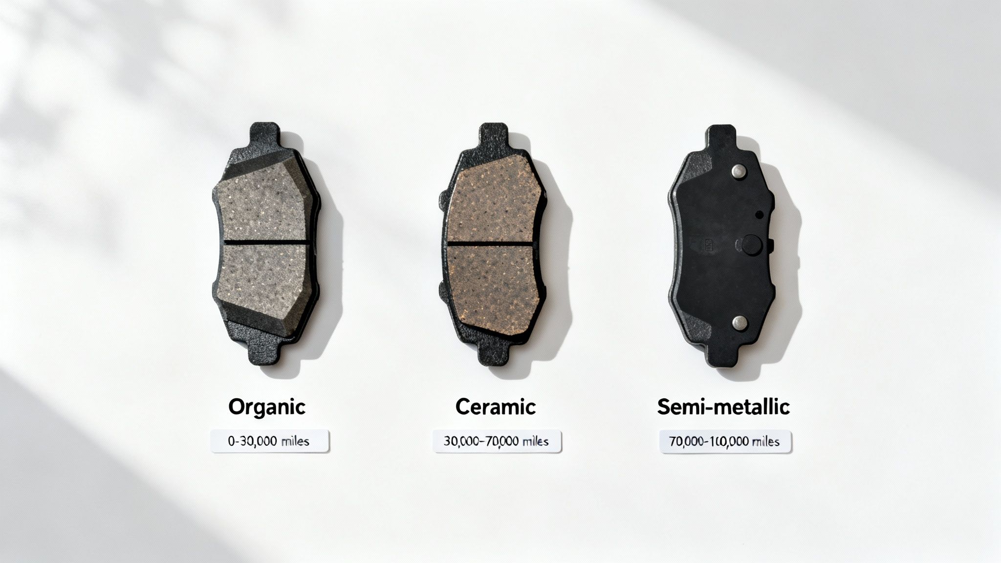 Three types of car brake pads: organic, ceramic, and semi-metallic, showing their mileage lifespans.