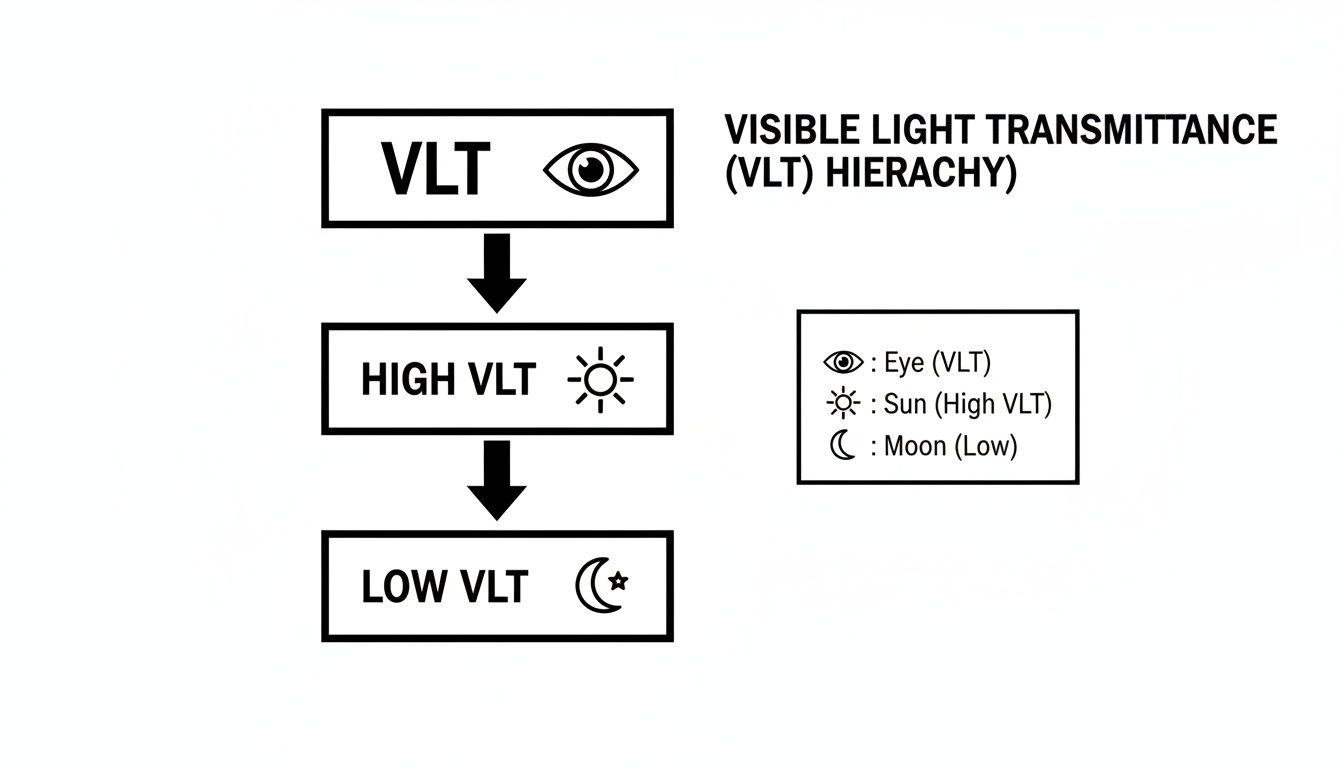 Diagram illustrating the Visible Light Transmittance (VLT) hierarchy, showing high VLT with sun and low VLT with moon.