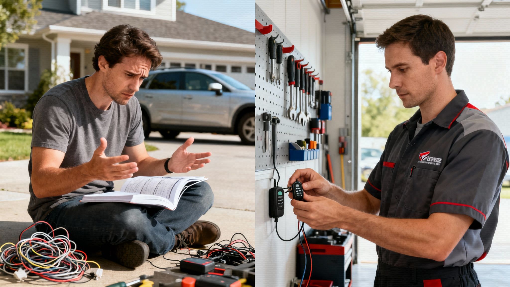 Cost to Install a Remote Starter: What to Budget 4 Professional technician explaining remote starter installation process to homeowner with manual and tools