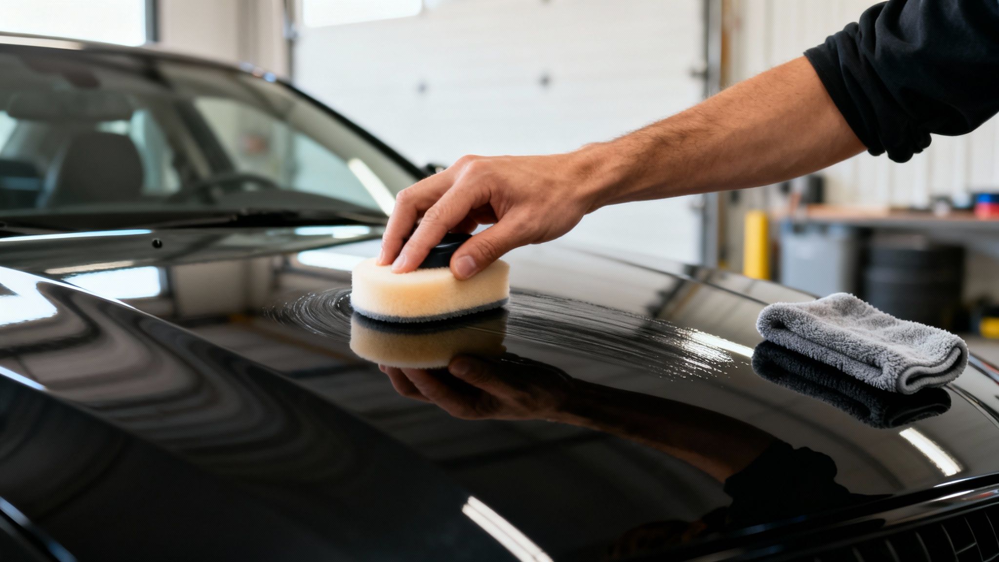 Detailer applying car wax to a black car's hood with an applicator sponge in a garage.