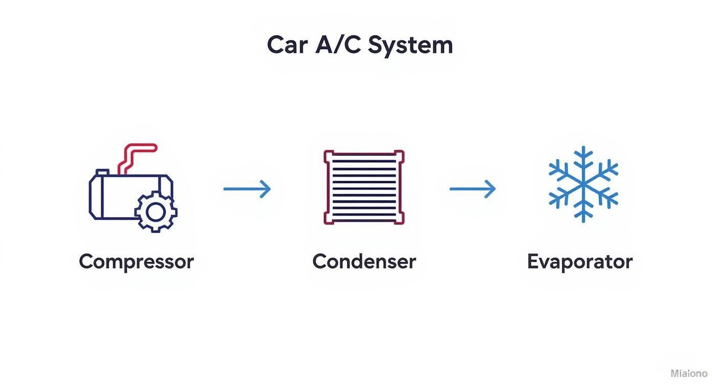 Diagram showing the flow through a car's air conditioning system: compressor, condenser, evaporator.
