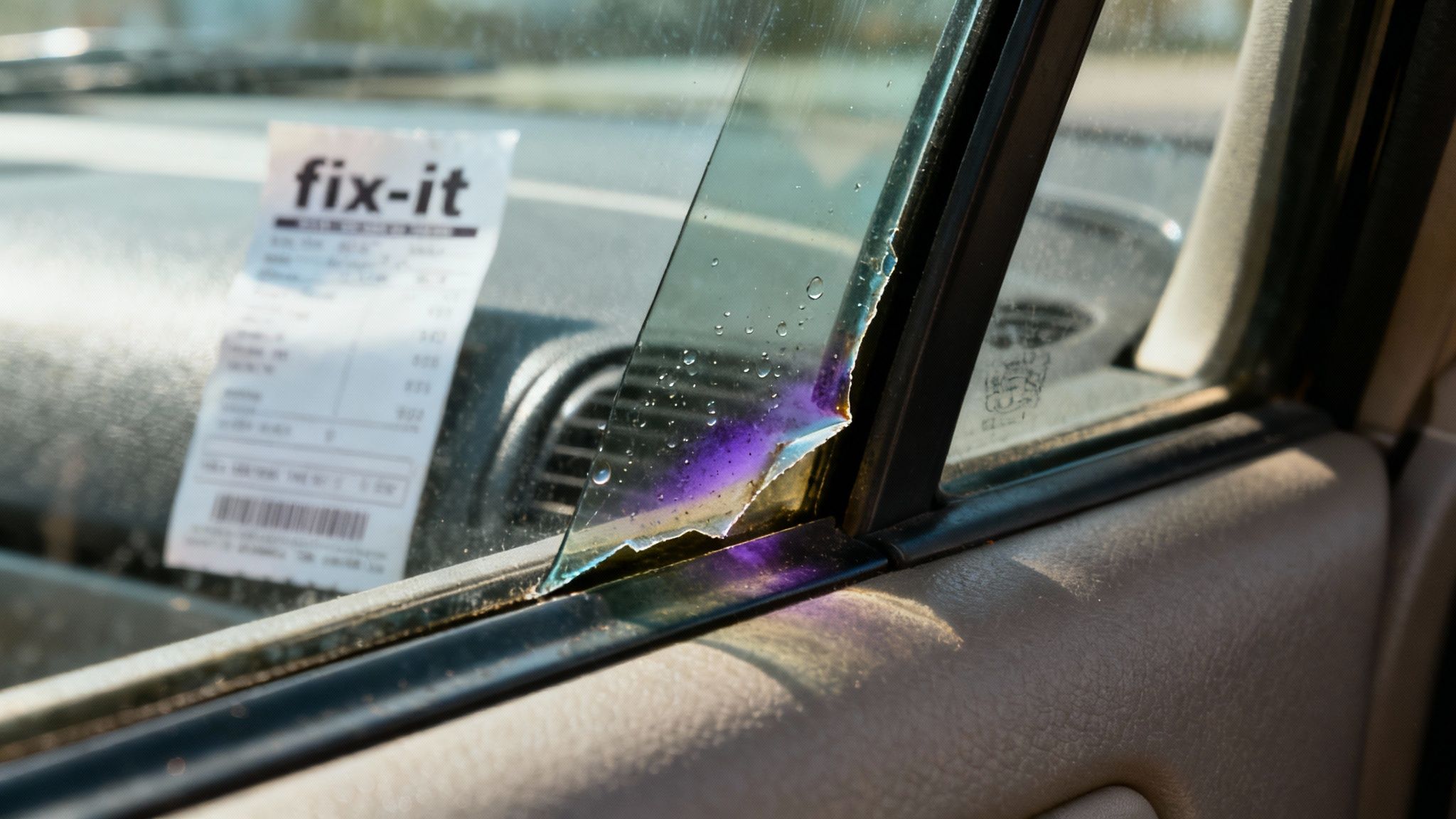 Damaged car windshield corner with purple tinted film peeling and fix-it notice visible