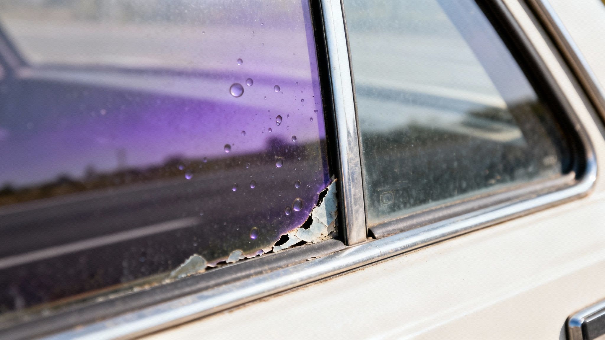 A close-up of a car window with old, peeling purple tint.