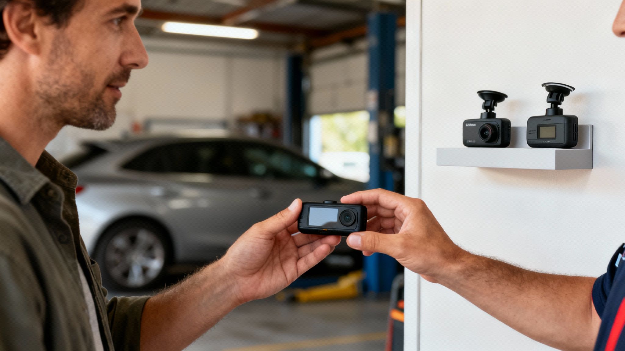 A professional technician carefully installing a dash cam in a modern car.