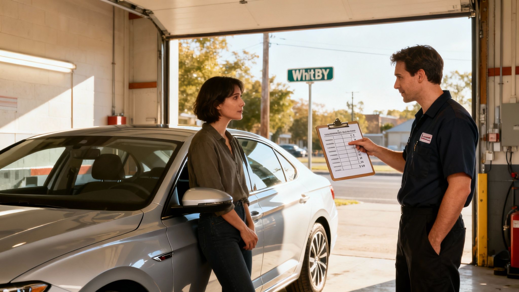 A mechanic explains car service details to a woman leaning on her silver car in a garage.