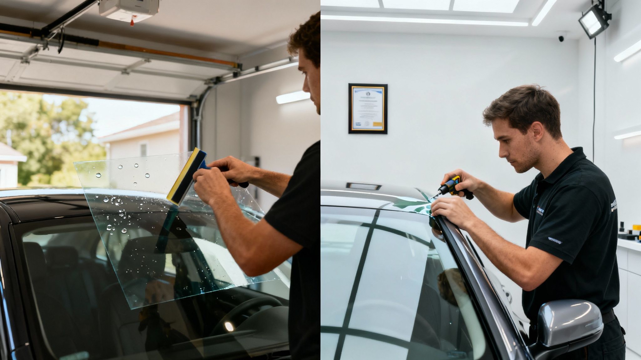 A professional technician applies automotive window tint film to a car in two different settings.