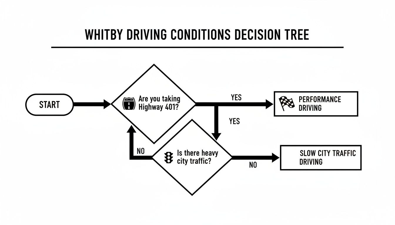 A flowchart titled 'Whitby Driving Conditions Decision Tree' illustrating driving choices based on traffic.