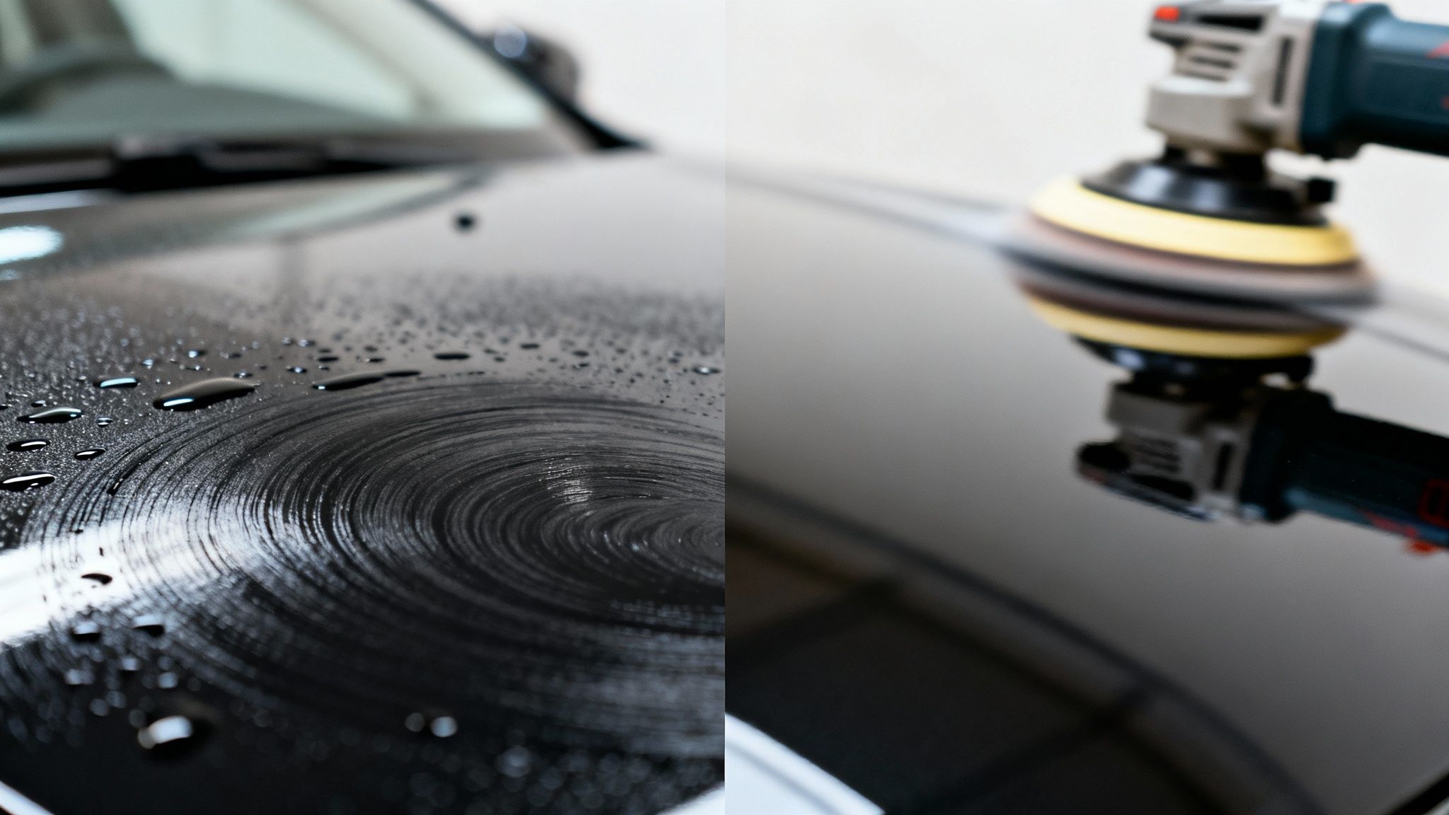 Split image showing a black car hood with water droplets and swirl marks, being polished to a shine.