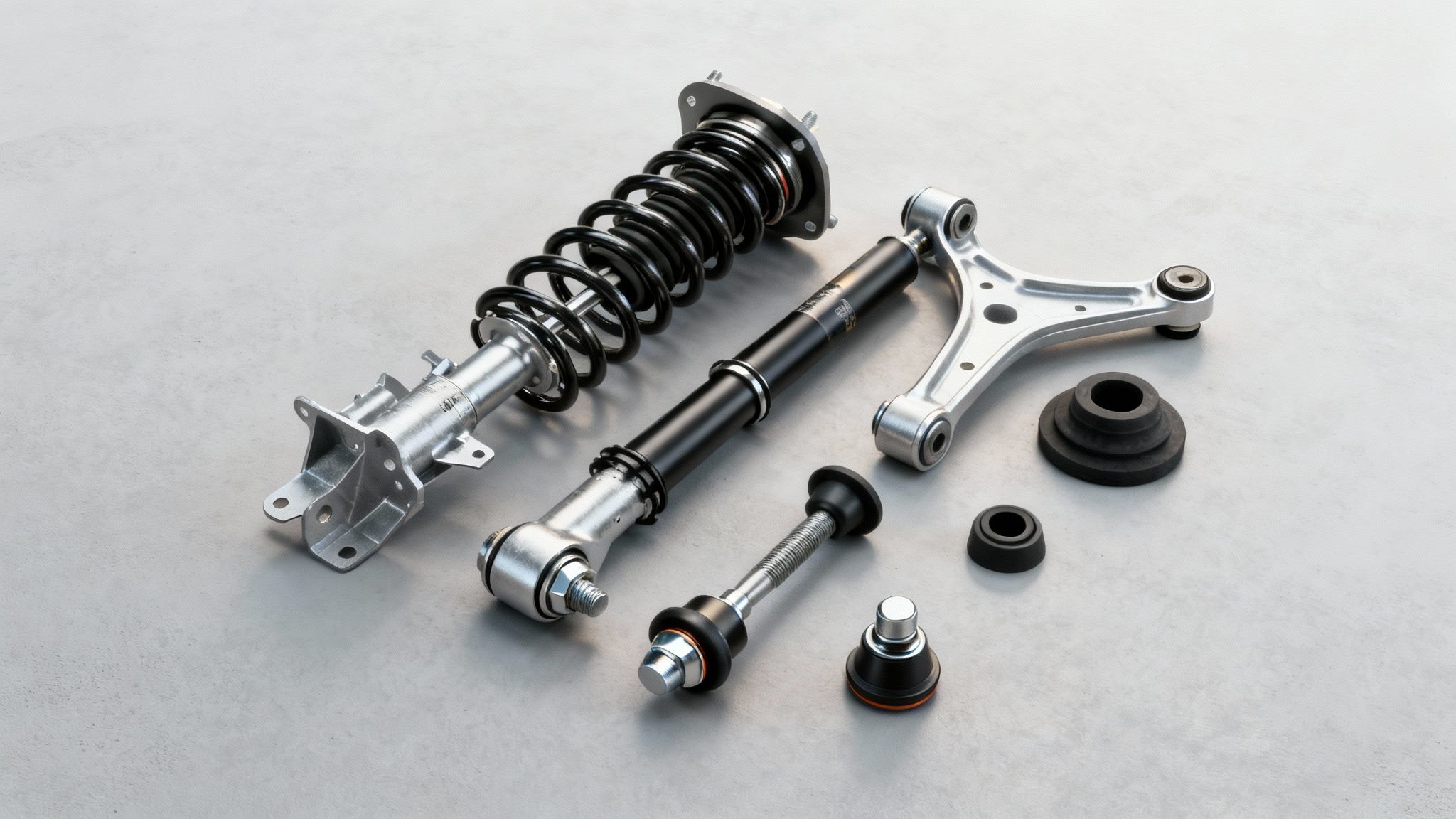 A Car Owner's Guide To Suspension Repair 2 Various automotive suspension parts including a strut assembly, control arm, and shock absorber.