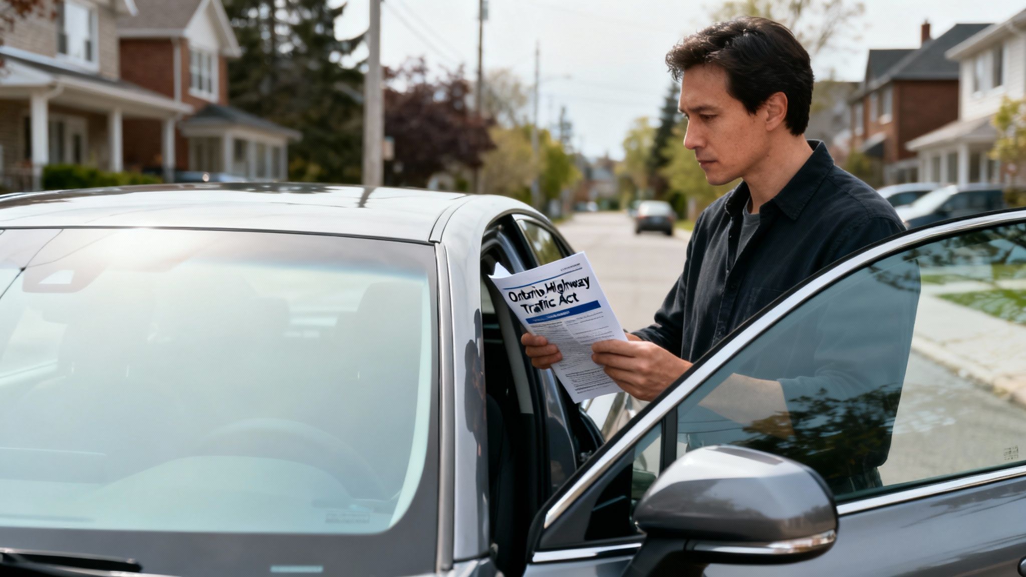 A man reviews the Ontario Highway Traffic Act document next to his car with tinted windows.