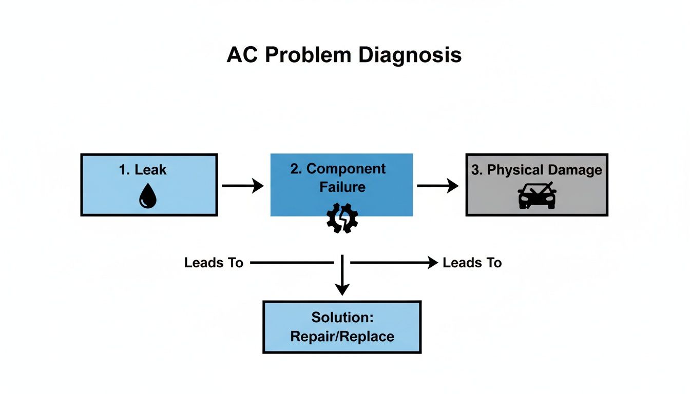 Flowchart illustrating AC problem diagnosis steps: leak, component failure, and physical damage, leading to repair or replacement.