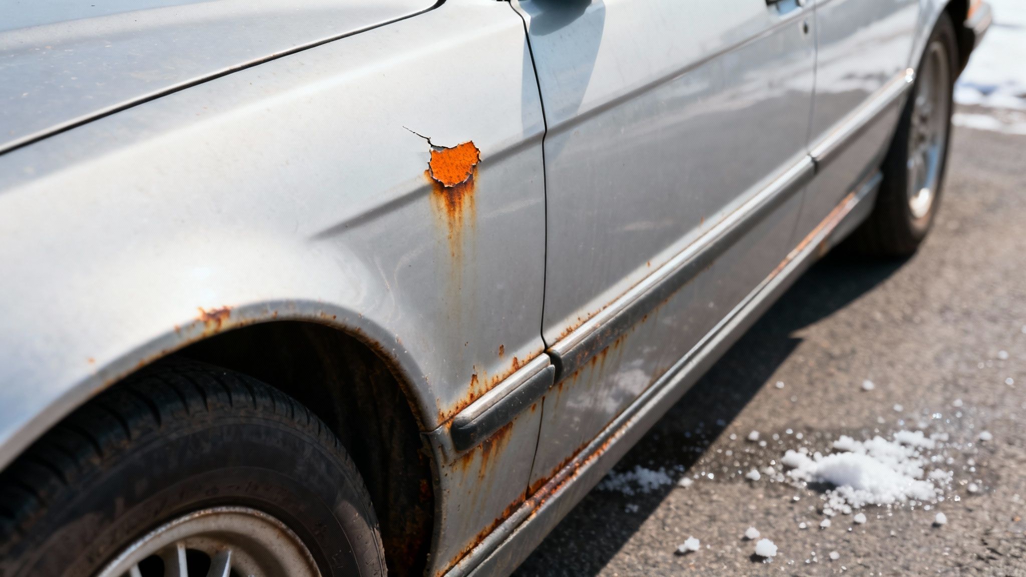 A close-up of a rusted car fender, showing the texture and colour of the corrosion.