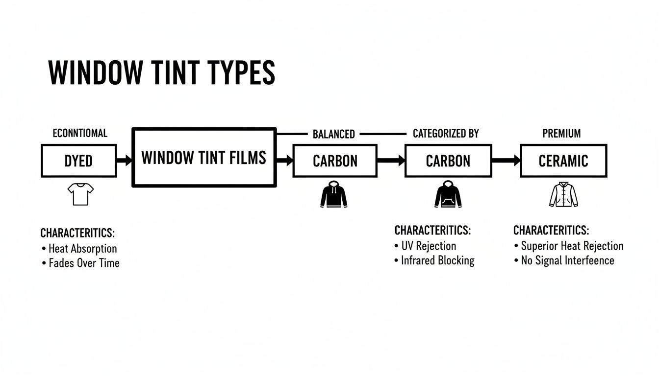 A flowchart illustrates different window tint film types: Dyed, Carbon, and Ceramic, detailing their characteristics.