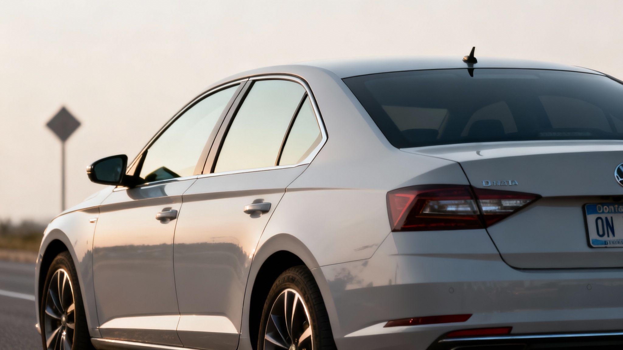 Side and rear view of a white car with dark tinted windows on a road.