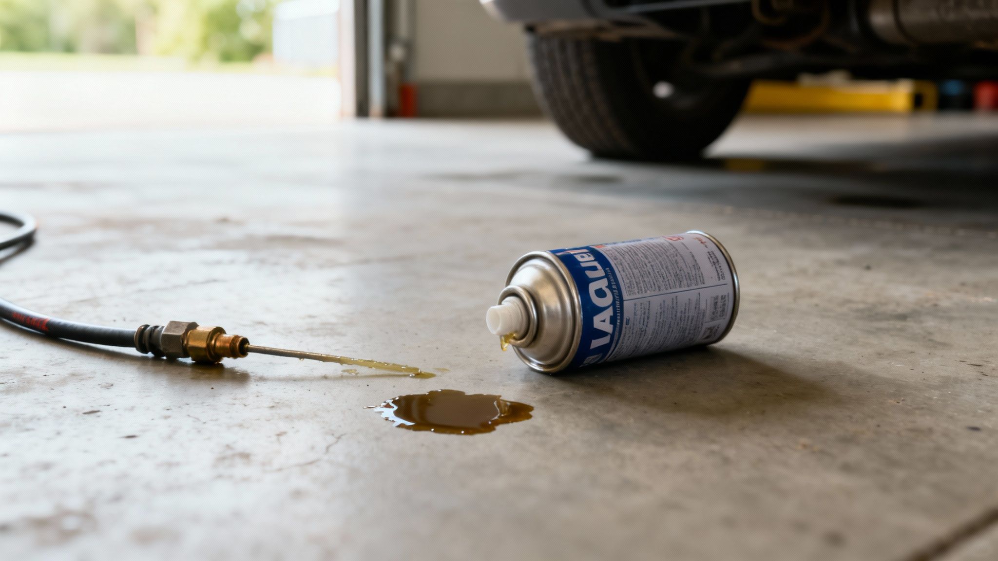 A spray can and a tool spilling yellowish lubricant on a concrete garage floor near a car.