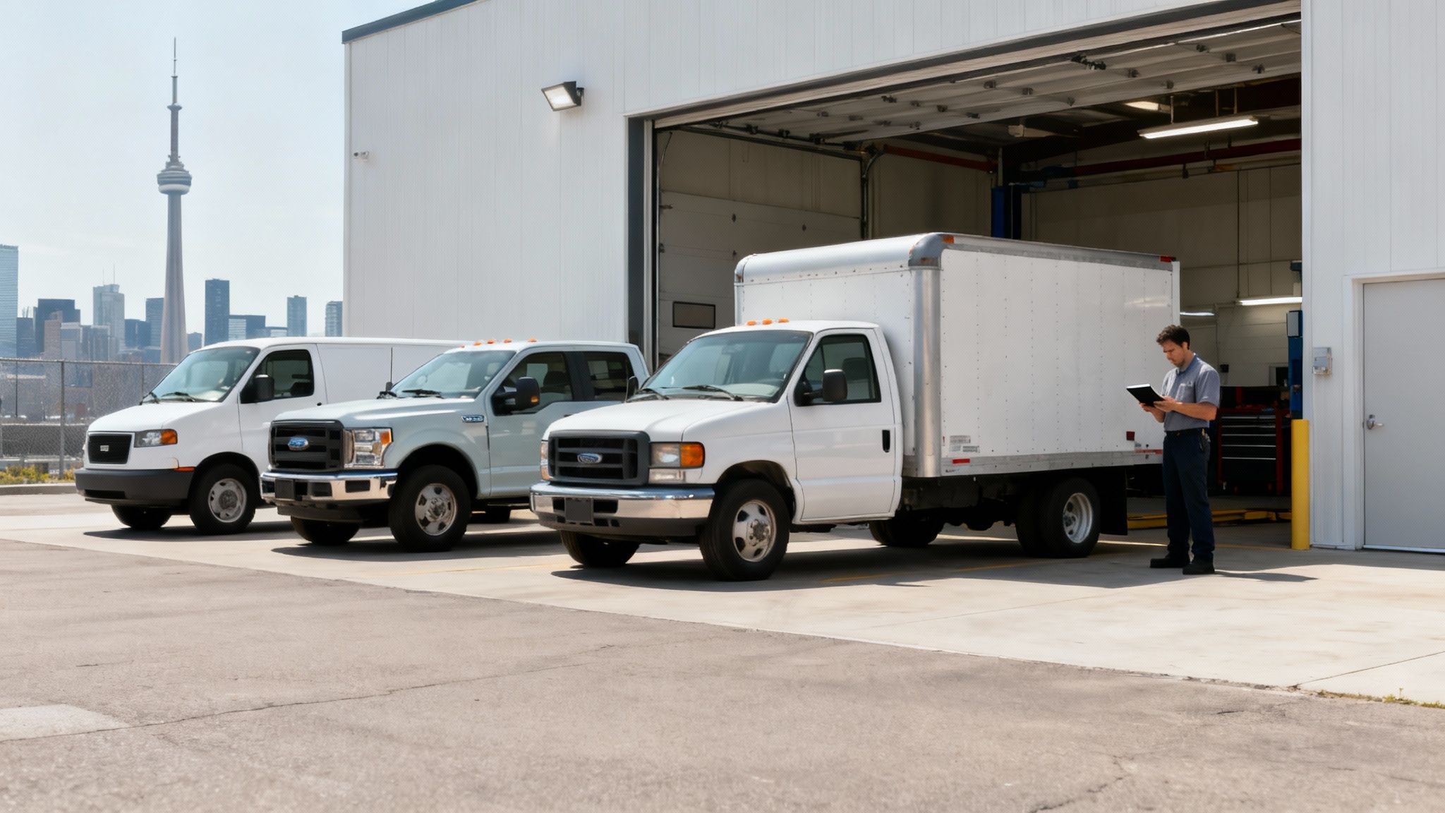 A well-maintained commercial van parked in a modern auto repair shop in Toronto.