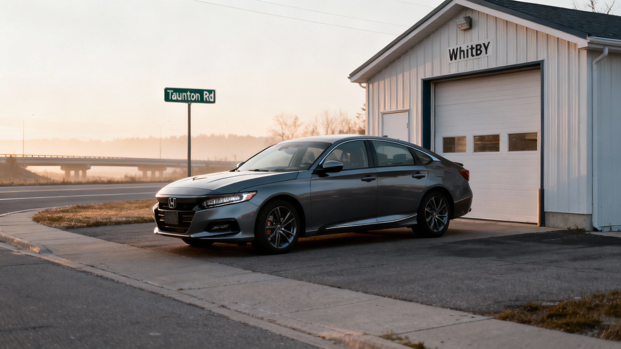 A grey Honda Accord sedan parked by a white garage building in Whitby, Ontario, near a road sign.