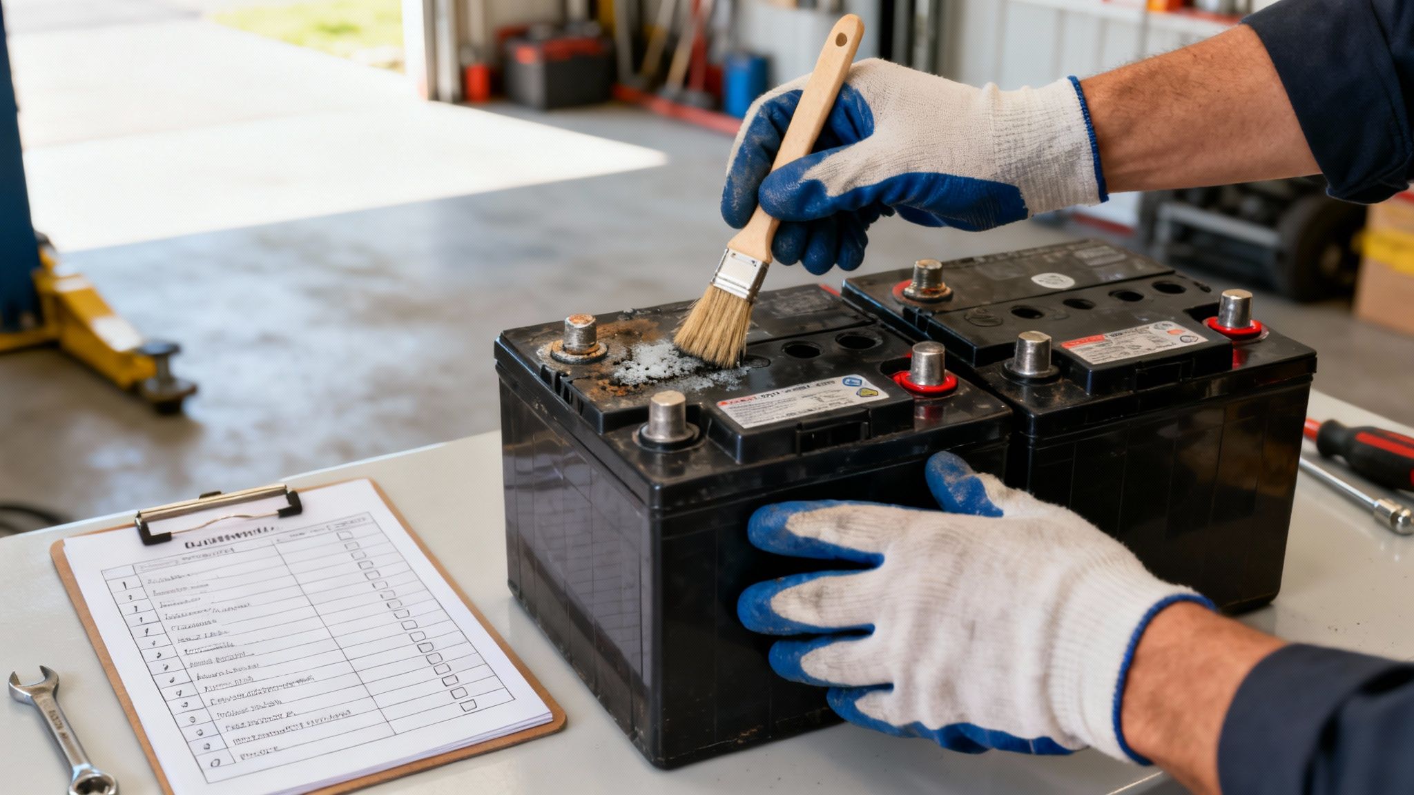 Gloved mechanic cleaning corrosion from car battery terminals with a brush in an auto repair shop.