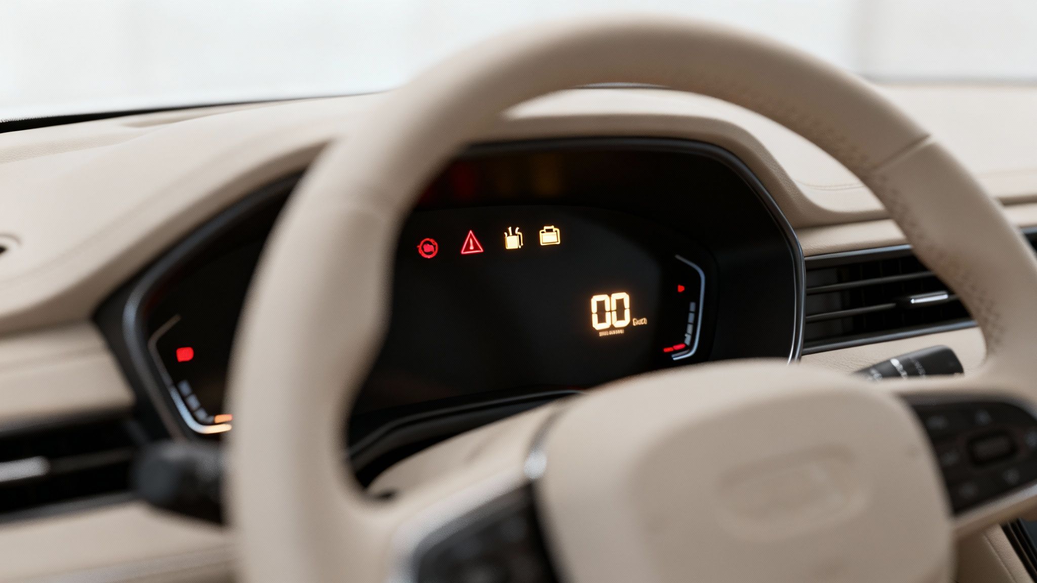 A dashboard with several warning lights illuminated
