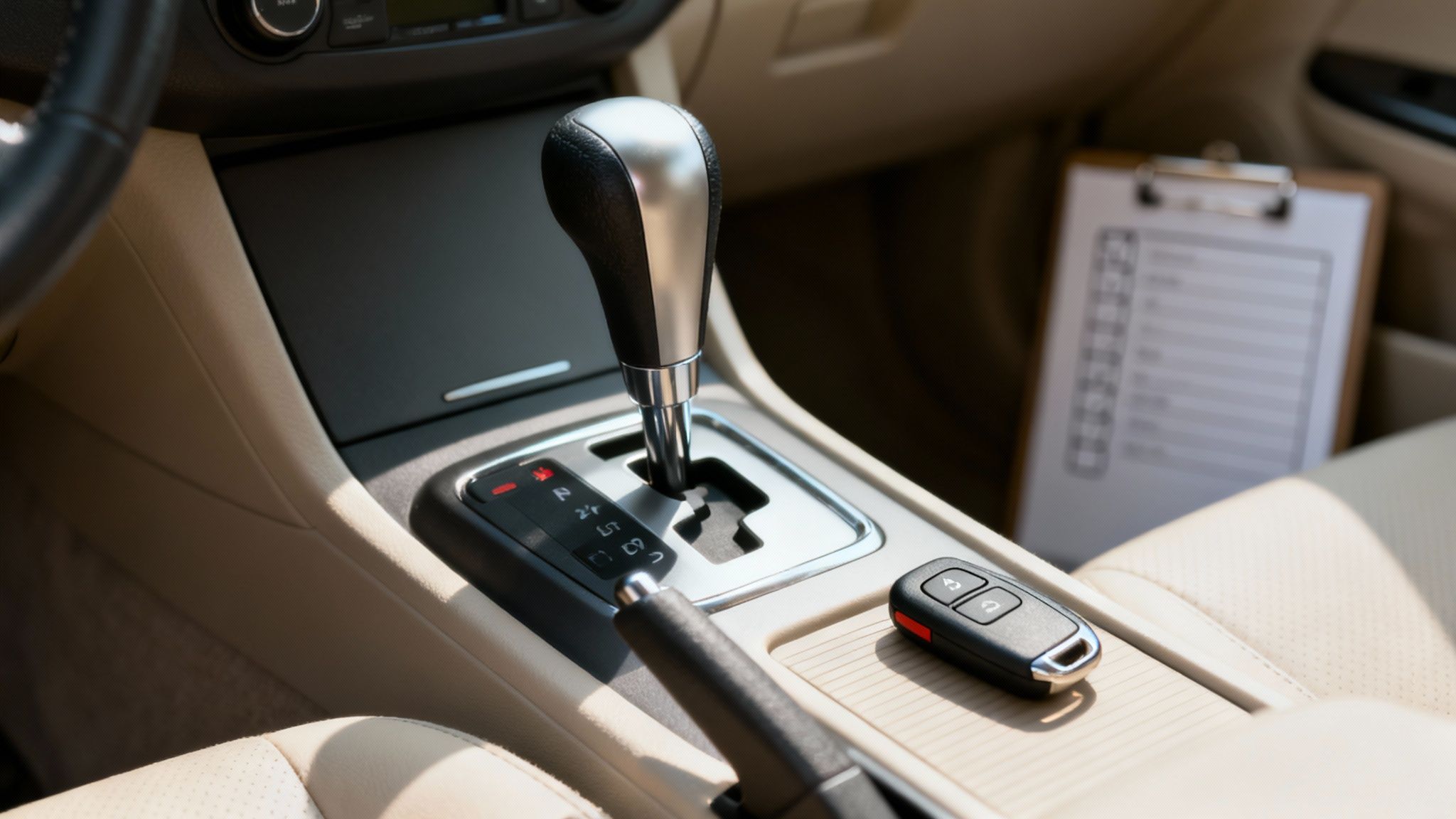 Automatic transmission gear shifter with car key fob and clipboard in vehicle interior