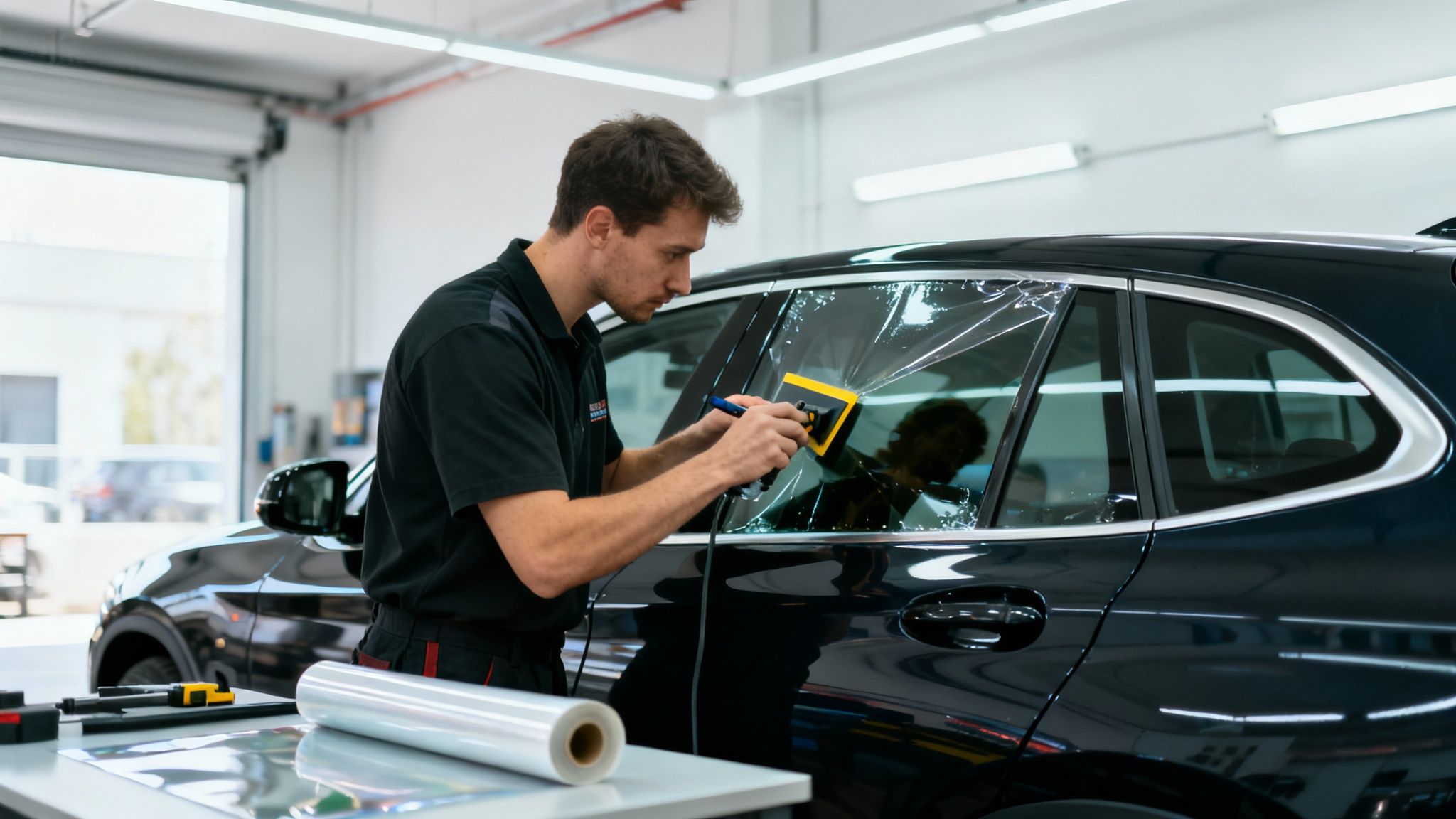 A technician meticulously applies window tint film to the side window of a black car in a workshop.
