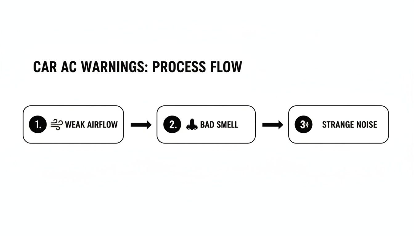Flowchart showing car AC warnings: weak airflow, bad smell, and strange noise in sequence.