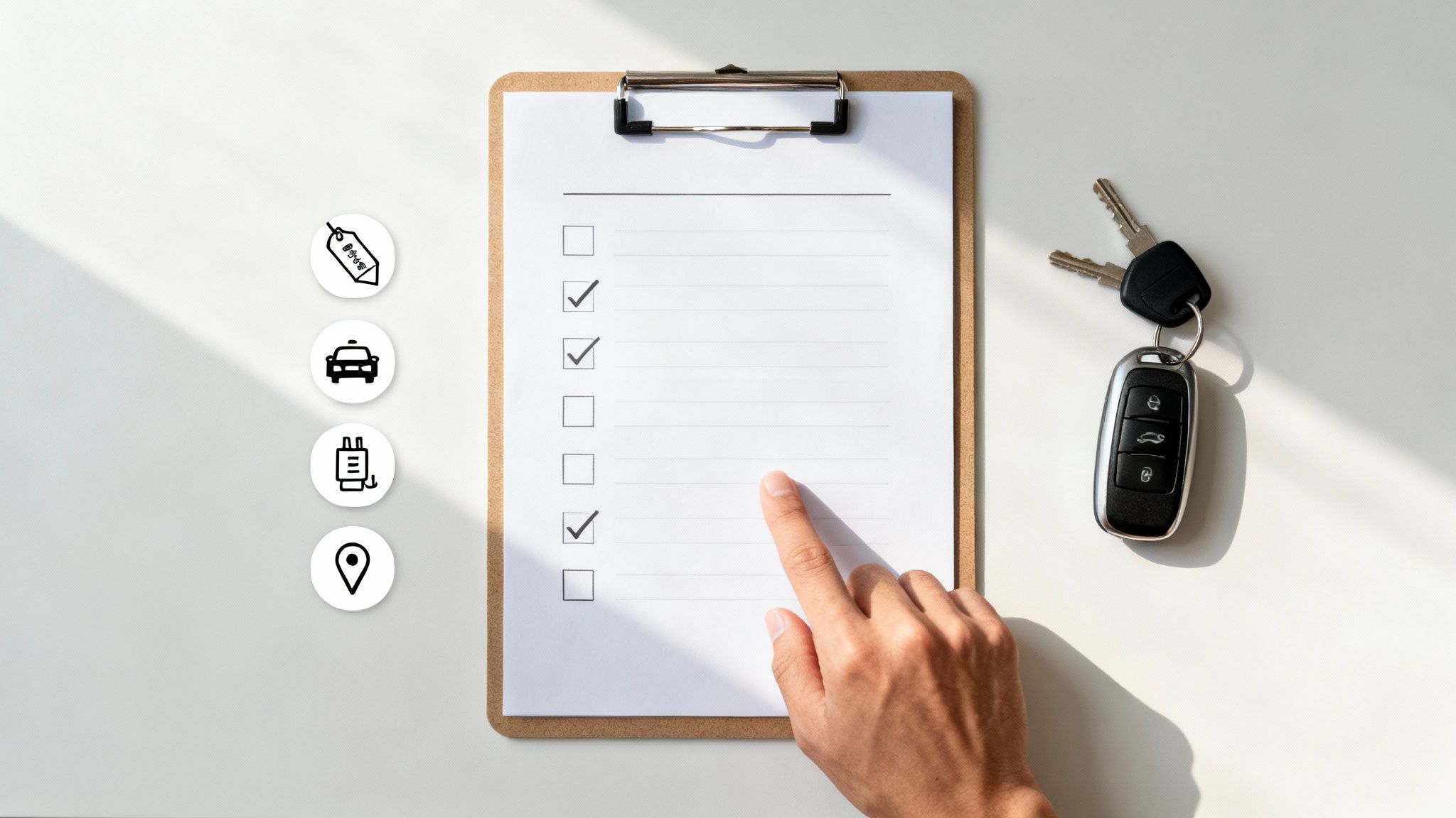 A person examining a car's dashboard and considering security options.