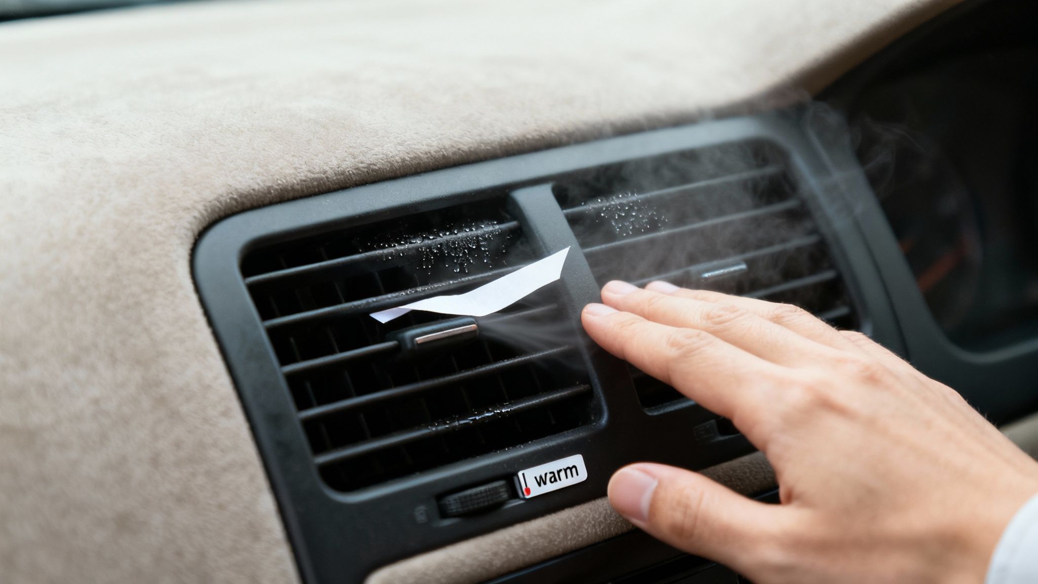 Air Conditioning Repair Car: Quick Guide to Fix Your Car A/C Now 2 A person's hand feels the warm air blowing from a car's air conditioning vent.