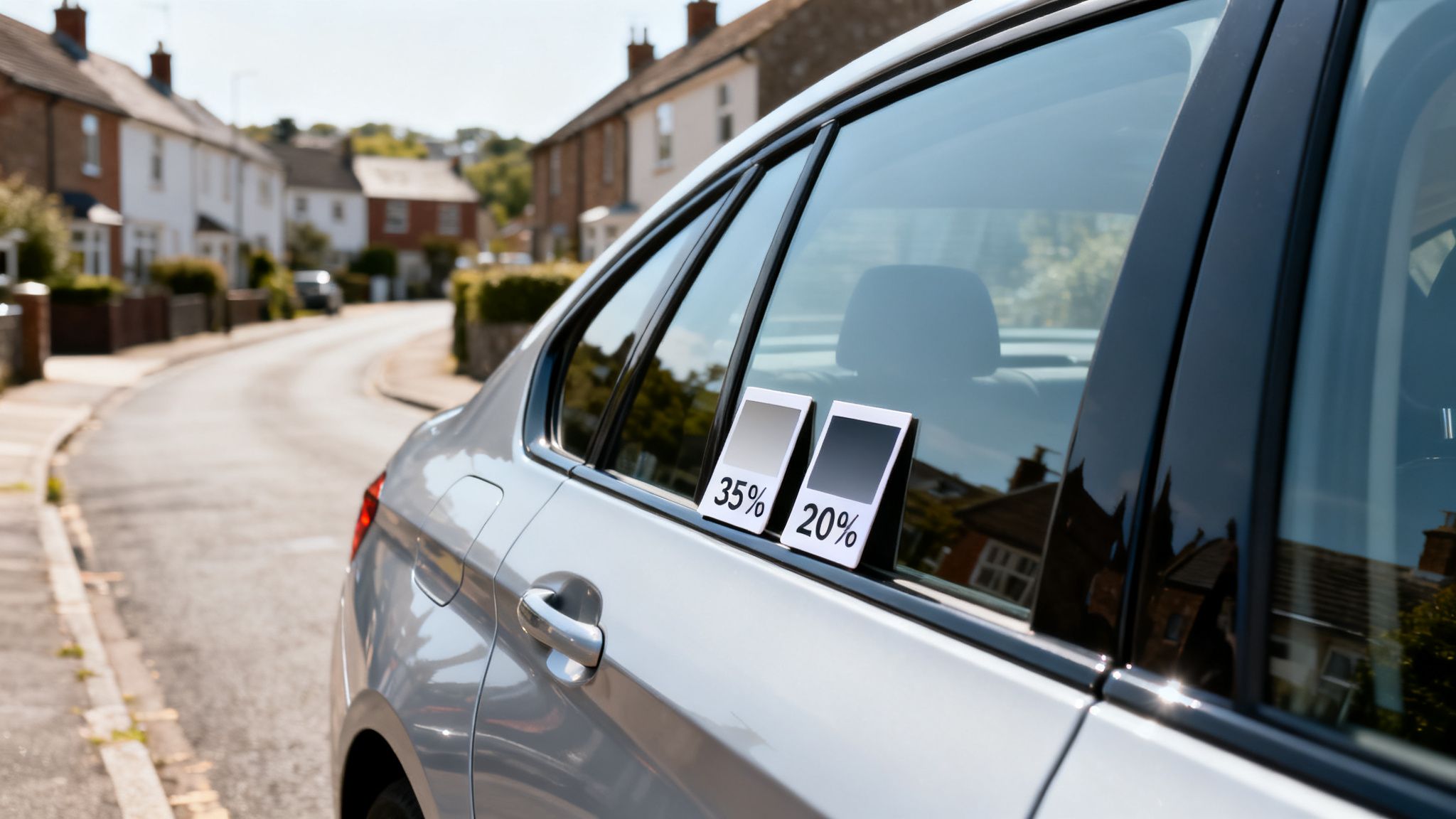 Two window tint samples, 35% and 20%, displayed on a silver car's window.